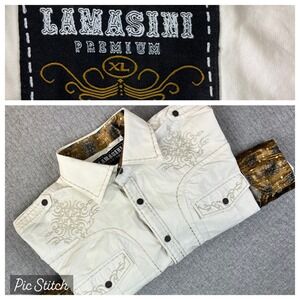 Lamasini Premium Dress Shirt Men XL White Embroidered Western Metal Button Up